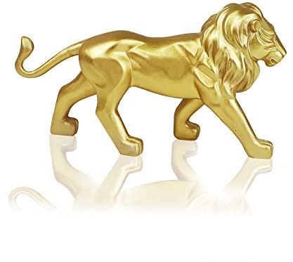 QLFJ-FurDec Wohnkultur Löwen Statuen Skulptur, Handgefertigte Polyresin Dekorative Löwenverzierung, Sammlerstück Wildtierfigur für Zuhause, Büro, Desktop (Gold-19.5x6x13cm)