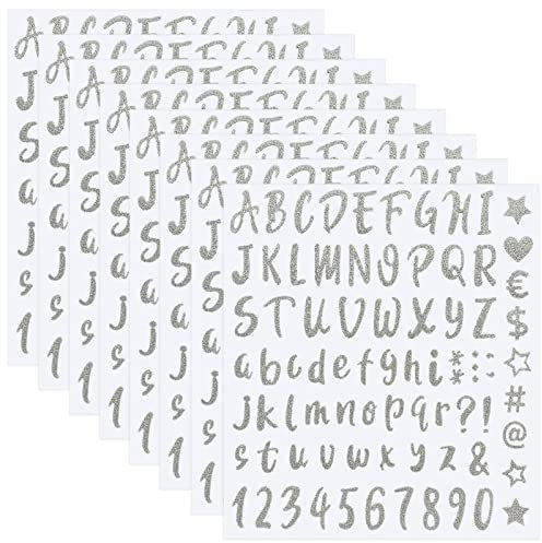 Glitzer Buchstaben Aufkleber, 8 Blätter 640 Stück Alphabet Buchstaben Nummer Aufkleber Wasserdicht Selbstklebende Zahlen Buchstaben Aufkleber für Briefkasten Kappe Haus Geschäft Adressnummer (Silber)