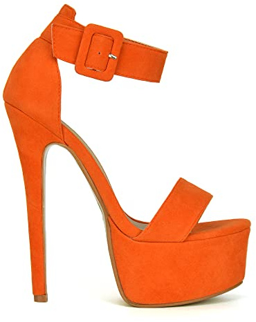 ESSEX GLAM Womens Ankle Strap Open Toe Ladies Orange Faux Suede Stiletto High Heel Platform Party Shoes Size 3-8