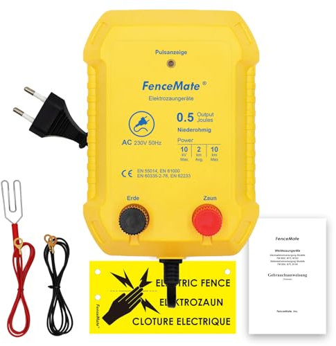 FenceMate 230V Weidezaungerät 0,5J Output für 2 bis 10 km, niedrige Impedanz Spitzenspannung 10kV für Geflügel, Vieh, Hobbytiere, Haustiere, Steuergerät zum Schutz von Gärten und Grundstücken