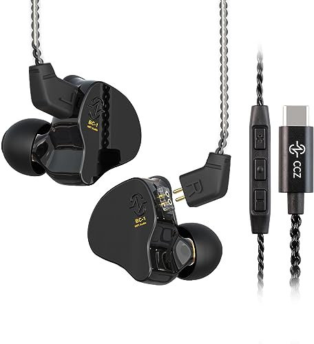 Yinyoo CCZ Melody USB C Tipo C In-Ear-Ear-Monitors Hybrid 1BA 1DD HiFi Auriculares con Cable, Deep Bass Lightweight In Ear Auriculares IEM para músico/Baterista/Bajista (Negro, con micrófono USB C)