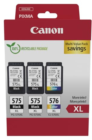 Canon PG-575XL x 2 / CL-576XL Cartouches d'encre Authentiques à Haut rendement, Lot de 3 (2 x Noir, 1 x Couleur) - Carton Multipack