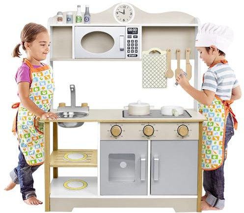 LARS360 Cucina per bambini in legno con microonde, forno, lavello, utensili e spezie - Sicuro, non tossico e facile da usare (68 x 26 x 78 cm), LARS-(ELC1061)-1
