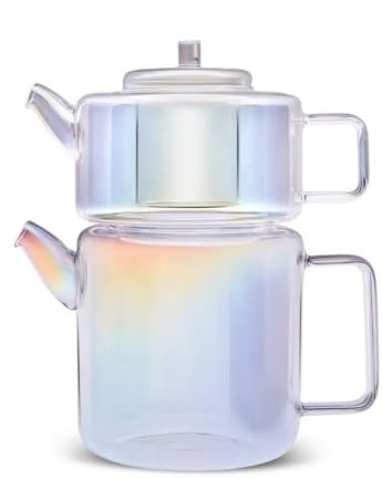 Karaca Flat Borosilicate Luster Glass Teapot – Multi/Luster Finish, 1.1 L / 1.8 L Dual Capacity, Heat-Resistant