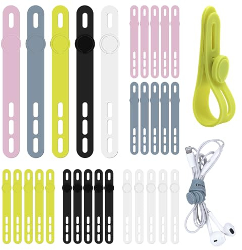 30 Pezzi Fascette Riutilizzabili Fascetta Cavi in Silicone Fascia Elastica per Cavo in Silicone Fascette in Silicone Multifunzionale per Casa Cucina Ufficio Scuola (5 Colori)