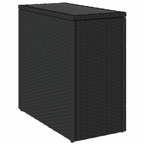 vidaXL Mesa Auxiliar Jardín con Tapa de Vidrio, Mesita Pequeña de Centro, Mesa de Sofá, Mueble para Patio Balcón Terraza Porche, Ratán PE Negro