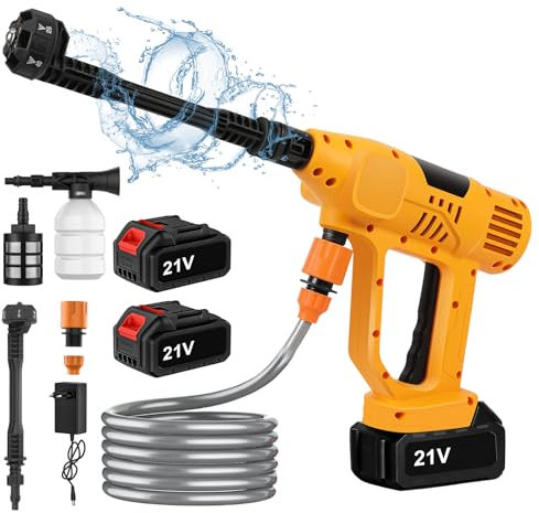 Nettoyeur Haute Pression sans Fil, Portable Nettoyeur Haute Pression sur Batterie avec 2 Batteries, 65Bar, Buse 6 en 1, 10 Niveaux de Réglage de La Pression, Tuyau de 5M, pour Jardin et Voiture