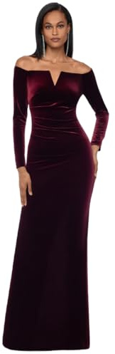 Xscape Women's Off The Shoulder Sweetheart Neckline Long Lace Dress (Standard & Petite), Burgundy, 12P