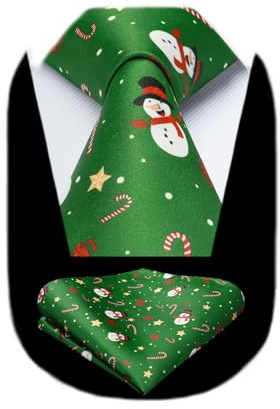 HISDERN Cravate Homme de Noël Vert Cravates et Pochette Set à Motif Bonhomme de Noël de Dîner Fete