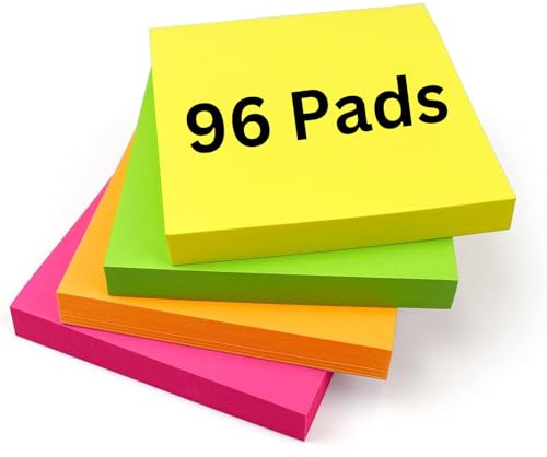 Bright Sticky Notes 76x76mm (3x3) | 9600 Sheets | 96 Colourful Memo Pads of 100 Sheets in Yellow, Pink, Orange, Green or Peach for Note-Taking, Reminders & Checklist