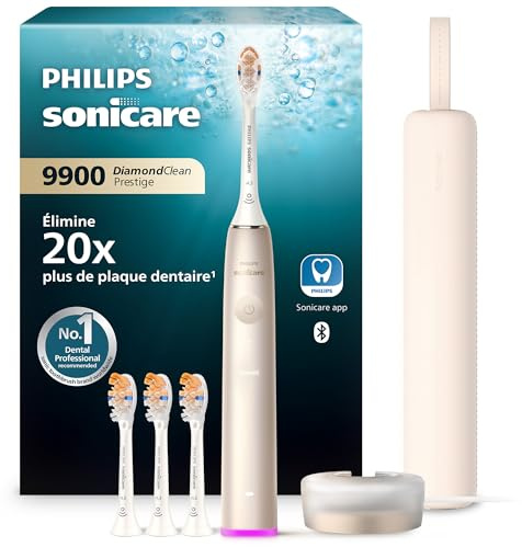 Philips Sonicare DiamondClean 9900 Prestige cepillo dental eléctrico, con tecnología SenseIQ y aplicación, 5 modos de cepillado, estuche de viaje con carga, color champán, modelo HX9992/44