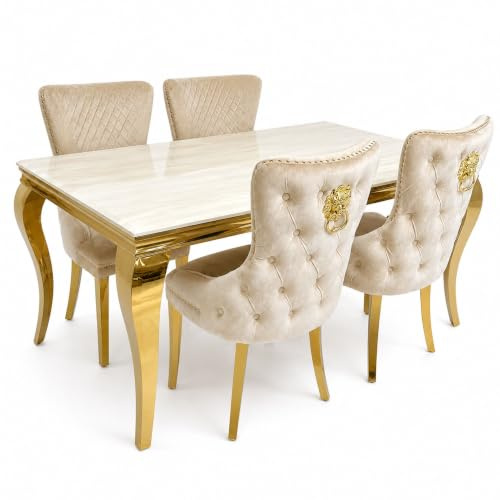 ASR INTERIORS Sofia 150cm Cream & Gold Marble Dining Table and Chairs Set | 4 Seater Dining Table Set with 4 Victoria Cream Velvet Gold Lion Knocker Chairs | Modern Dining Room Furniture