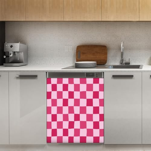 Mexpekil Copertura magnetica per lavastoviglie a scacchiera rosa viola 53 x 66 cm adesivo decorativo per lavastoviglie per porta d'ingresso, impermeabile, pannello magnetico per elettrodomestici da