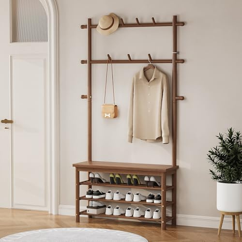 Welfuturer Freestanding Hall Tree with Bench,Bamboo Shoe and Coat Rack with 13 Hanging Hooks,6-in-1 Entryway Bench with Shoe Storage Home Mudroom Organizer,Sturdy Bamboo Frame,Walnut