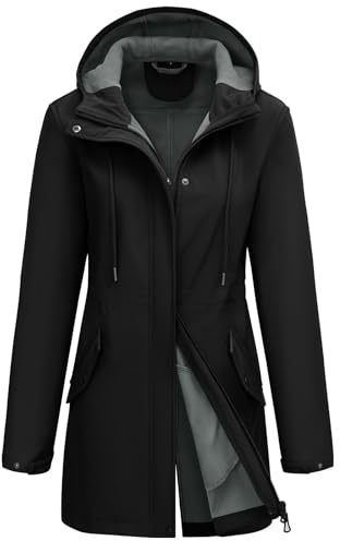 Yuson Girl Giacca Softshell Donna Giacca Antipioggia Impermeabile Giubbotto a Vento Foderato Cappotto Mezza Stagione Leggero Traspirante Giubbotto Outdoor Parka per Trekking(Nero, S)