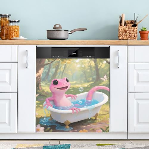 Copertura magnetica per lavastoviglie con lucertola rosa in vasca da bagno, decorazione per elettrodomestici da cucina, 58 x 66 cm