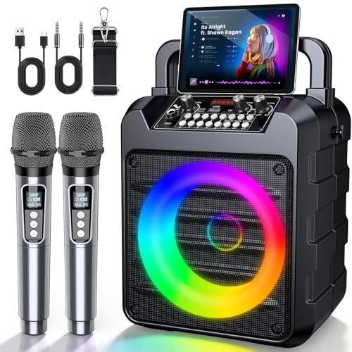 Dislocati Karaoke Machine with 2 Wireless Microphones: Portable Bluetooth Speaker for Adults & Kids - PA System with Lights Supports TWS/TF Card/USB/AUX for Home Party-Stage Monitors