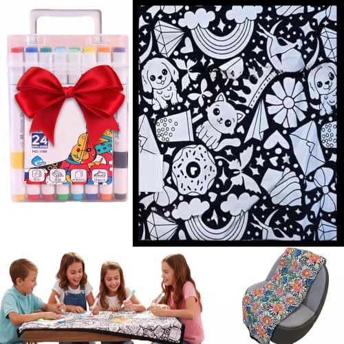 NatureHaven Washable DIY Coloring Blanket with 24 Markers, Color Your Own Blankets, Seasonal Decorations, Birthday Arts and Gifts(Happy Doodles)