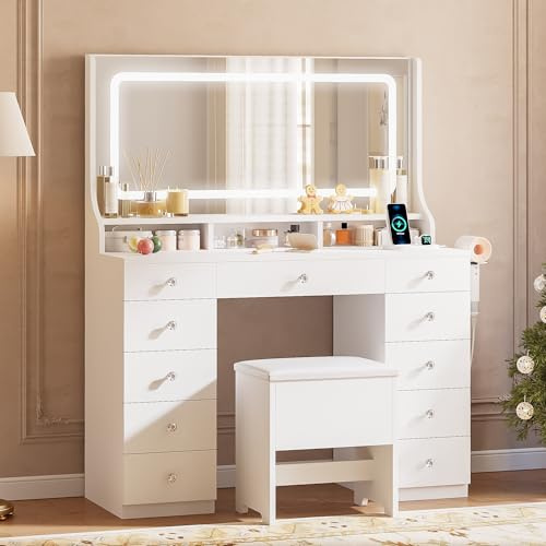 IRONCK Dressing Table with Adjustable 3-Colour Lighting, Vanity Desk with Built-in Plug Socket & Stool, Makeup Desk with 11 Drawers & Hairdryer Holder, White Vanity Table for Bedroom