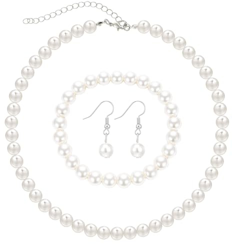 DOPENSPI 3-teiliges Perlen-Set,Damen Perlenkette Ohrringe Armband 1920er-Jahre-Perlenschmuck-Set Wasserfeste Perlenkette Weiße Perlen Halsketten für Männer und Frauen
