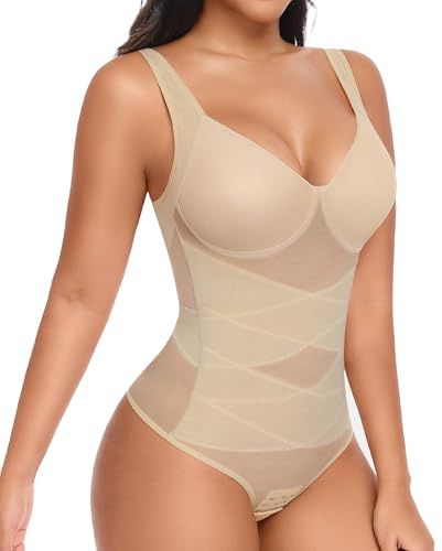 UMIPUBO Faja Reductoras Mujer Body Reductor Adelgazante Moldeador Shapewear Control de Abdomen Cruz de Malla Reductora con Almohadillas Extraíbles Tanga Escote en V Corsé Invisible Fajas