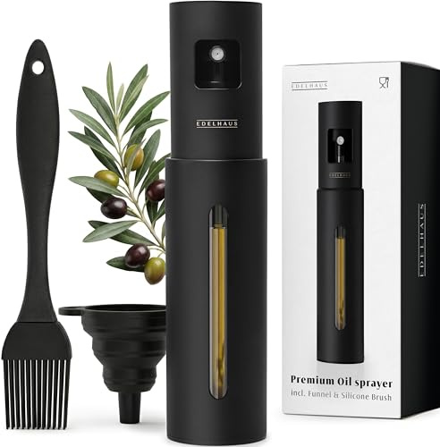 EDELHAUS Edelstahl Ölsprüher - Hochwertige Öl-Sprühflasche aus Edelstahl & Glas, für gesundes Kochen I Sprüher für präzise Dosierung I für Speiseöl & Essig inkl. 20 Ettiketen, Trichter, Silikonpinsel