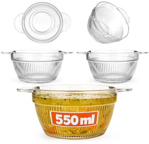 KADAX soppskålar 550 ml, set om 3, genomskinliga skålar för soppor, soppkoppar av glas, soppskålar, glasskålar med handtag, diskmaskinssäker
