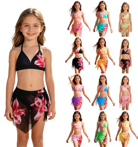 Maillot de Bain Adolescente Fille 3 Pièces - Haut Bikini Triangle Floral, Slip et Jupe de Natation Imprimé, Ensemble Stylé Pratique Léger, pour Plage Piscine Sorties Aquatiques Vacances