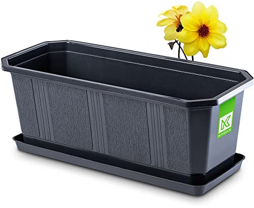 KADAX Blumenkasten 40 cm, Anthrazit – Pflanzkasten mit Untersetzer, rechteckiger Blumentopf aus Kunststoff, Pflanzgefäß für Innen- und Außenbereiche, Balkon und Terrasse