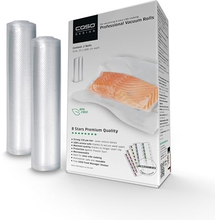 CASO 8 estrellas Rollos de bolsas de vacío para alimentos Gofradas todo tipo envasadora al vacío, 25 x 600cm | muy fuertes y resistentes a los desgarros, Aptas para Sous Vide, Sin BPA | 2 Rollos