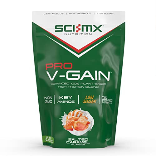 SCI-MX Pro-V Gain - 100% Vegan Protein Powder - Soy, Pea + Rice - Salted Caramel Flavour - B12 + Magnesium - Muscle Growth - Sugar Free, Non-GMO - 900g (20 servings) 35g of protein per serving