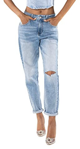 Nina Carter Damen Boyfriend Jeanshosen High Waist MOM Jeans Cutted Knee Used-Look Waschungseffekt, Hellblau (Q1886-2), XS