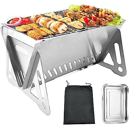TINMIX Mini barbacoa portátil de carbón vegetal de acero inoxidable pequeña barbacoa plegable para una persona para bares de jardín, camping al aire libre