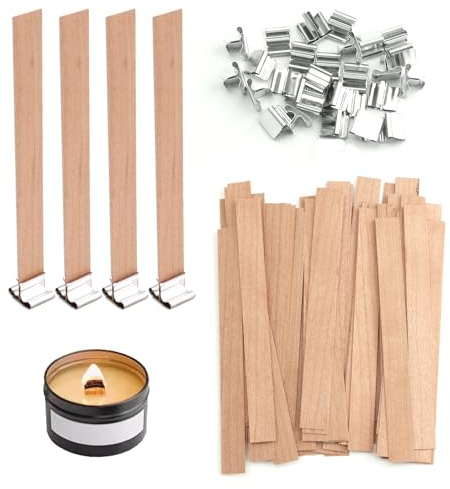 Set de 60 Mechas de Madera para Velas,13x130mm Mecha de Madera con 30 Bases de Metal, Ideal para Velas Artesanales DIY, Ecológicas y Sin Humo Ambientes Románticos y Decoración del Hogar