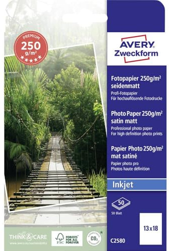 Avery Zweckform Art. C2580 Premium bläckstråleskrivare fotopapper (50 ark, 250 g/m², 13 x 18 cm, sidenmatt fotokort, belagda på ena sidan, omedelbart torra och avtorkningsbeständiga, fotoblad för