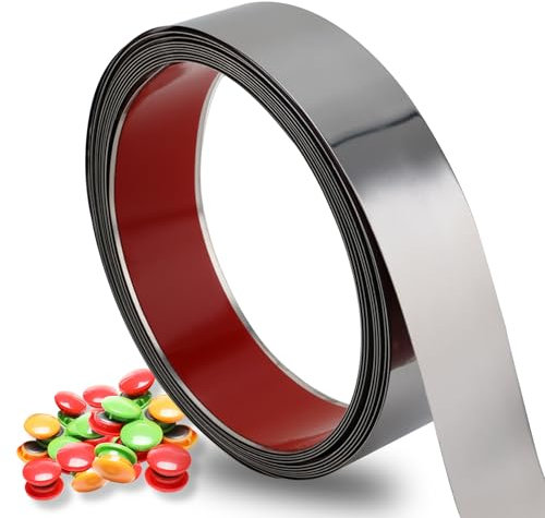 Taaizau Bande métallique flexible auto-adhésive pour aimant, rouleau de ruban ferreux solide à décoller et à coller avec 50 aimants pour atelier, décoration intérieure (Brillant Argent, 5m x 4cm）