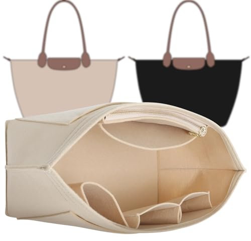 Doxo Purse Organizer Insert Compatible with Longchamp Le Pliage Large Handbags, Felt Longchamp Organizer Insert with Cup Holder, Custom Fit Shoulder Bag Organizer for Travel & Daily Use (Large,Beige)