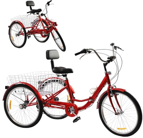 OUKANING Trehjuling för vuxna 24 tum 7 växlar – vikbar 3-hjuls cykel kan belastas upp till 120 kg höjd justerbar trehjuling med inköpskorg trike bike cykling och äldre (röd)