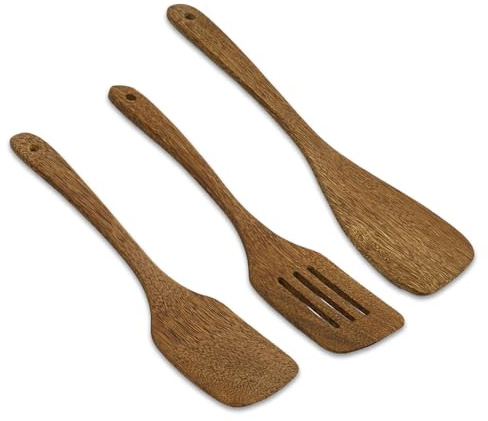 Uppsättning av 3 träspatel, sked, böjd slitsad spatel och spatel matlagnings set 30 cm trä köksredskap för non-stick pannor hälsosamma repfria