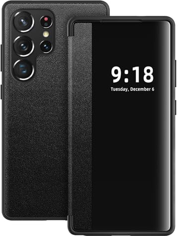Hülle für Samsung Galaxy S23 Ultra Handyhülle S View S23 Ultra Flip Case Stoßfest Kratzfest Tasche Flip Schutzhülle für Samsung S23 Ultra, Durchscheinend View Silikon Bumper Handyhülle (Schwarz)