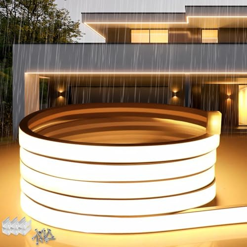 SUCIKORIO Neon LED Remsa 3M Silikon Vattentät Eldsäker IP65 LED-remsa Varmvit 3000K 10mm LED-ljusslinga Utomhus 230V Flexibel DIY-ljusslinga För Utomhusbruk Med Nätadapter För Hemmet, Festen, Köket