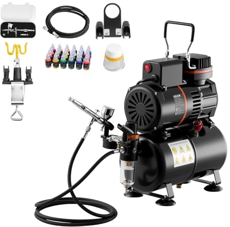 VEVOR Kit de Aerógrafo con Compresor de Aire 1/6 HP Compresor de Aerógrafo de Doble Acción con Boquilla, Manguera, 24 Pinturas Acrílicas, Kit de Pintura para Decoración de Tartas, Maquetas, Uñas