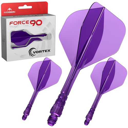 Mission Darts | Force 90 Vortex | Système intégré d'ailette et de tige de fléchette moulées avec précision | Plusieurs styles | Plusieurs couleurs. (Standard No2 - Court, violet transparent)