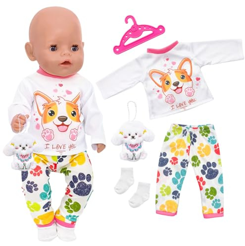 Baby Doll Clothes for 14-18 Inch Newborn Baby Doll, Puppy Dolls Outfit with Top Pant Socks Plush Puppy Hanger, Sunny New Doll Clothes Set 35-45 cm Baby Doll Accessories for Girls Birthday Gift