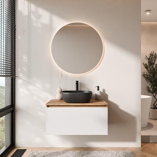 Planetmöbel Arisa - Juego de muebles de baño, compuesto por lavabo con mueble de 80 cm en oro, roble blanco (con vetas) con espejo NOVA, lavabo de 42 cm negro, incluido sifón de ahorro de espacio