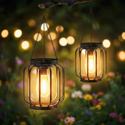 Farolillos Solares Exterior, 2 Piezas Colgantes Metal Luces Solar Exterior Jardin con Bombilla LED, IP65 Impermeable Lanternas Solar Exteriors con Gancho para Jardín Césped Balcón Patio