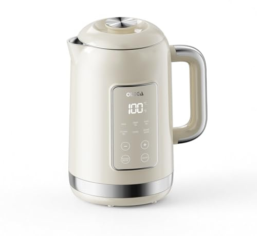 OLEGA Vattenkokare 1 800 W med temperaturkontroll, kapacitet 1,5 l, smart vattenkokare i rostfritt stål, perfekt för kaffe och te, beige