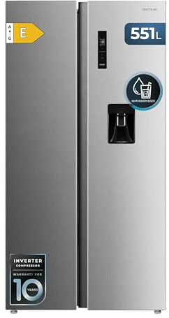 Cecotec Frigorífico Americano Total No Frost de 551L Bolero CoolMarket SBS 551 WD Inox E. 176cm de Alto, 90cm de Ancho, Clase E, Dispensador de Agua, FastFreezing, FastCooling, Ultra Silencioso, Inox