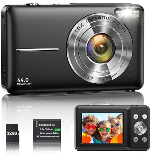 Appareil Photo Numérique 1080P 44MP Caméra Vlogging pour Enfants Ados, FHD Compact Portable avec Écran 2,4 Zoom 16X, Mini Caméra Anti-secousse pour Débutants Étudiants-Noir