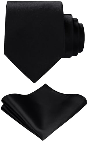 TIE G Solid Satin Color Formal Necktie and Pocket Square Sets in Gift Box (Black)